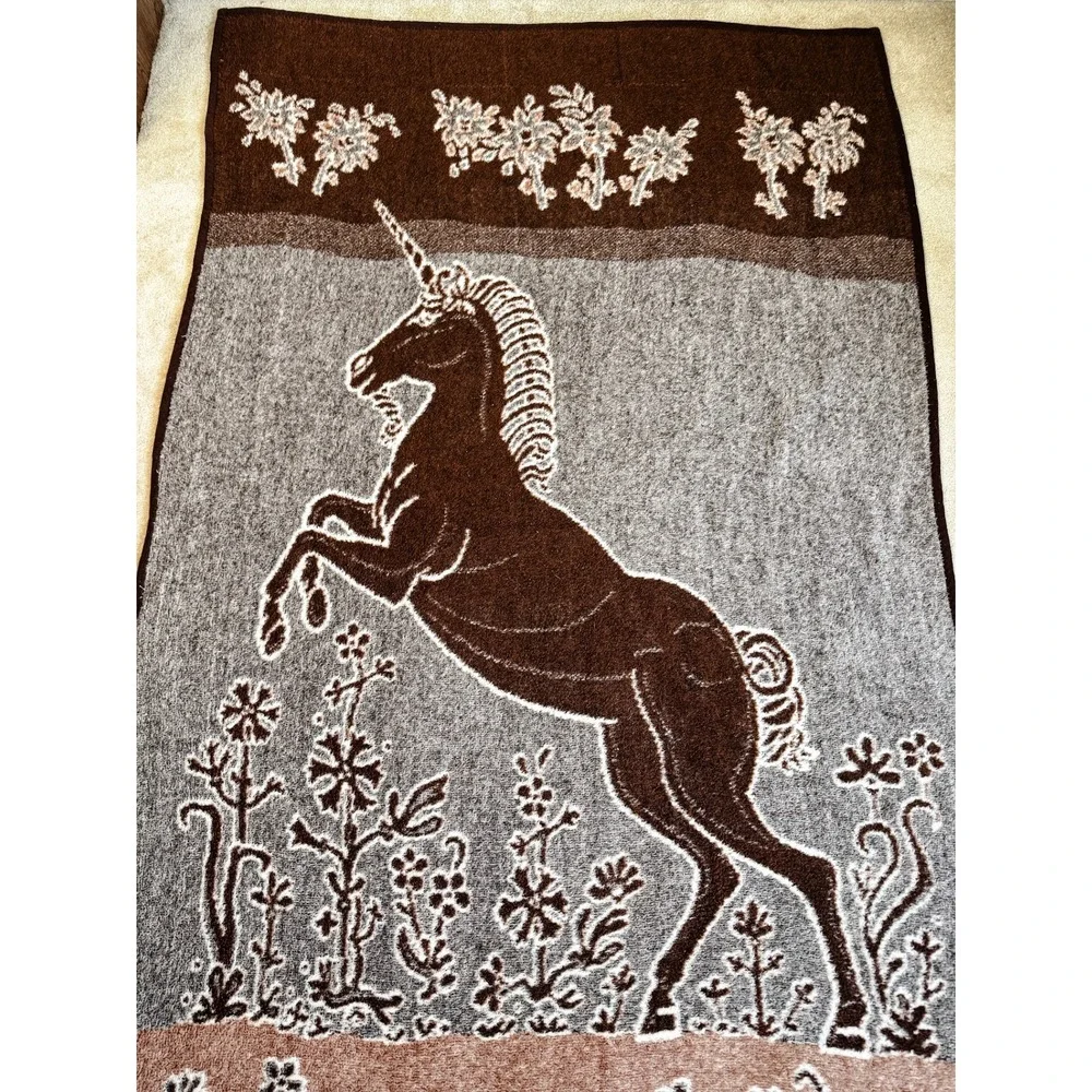 Vintage Reversible Unicorn Throw Blanket Floral Cottagecore Brown 84 x 52 Plush